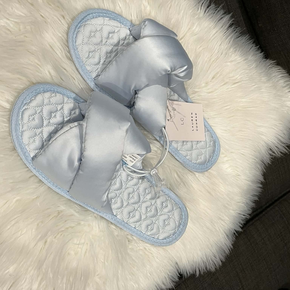 LC Lauren Conrad Pale Blue Quilted Satin Slide Slippers